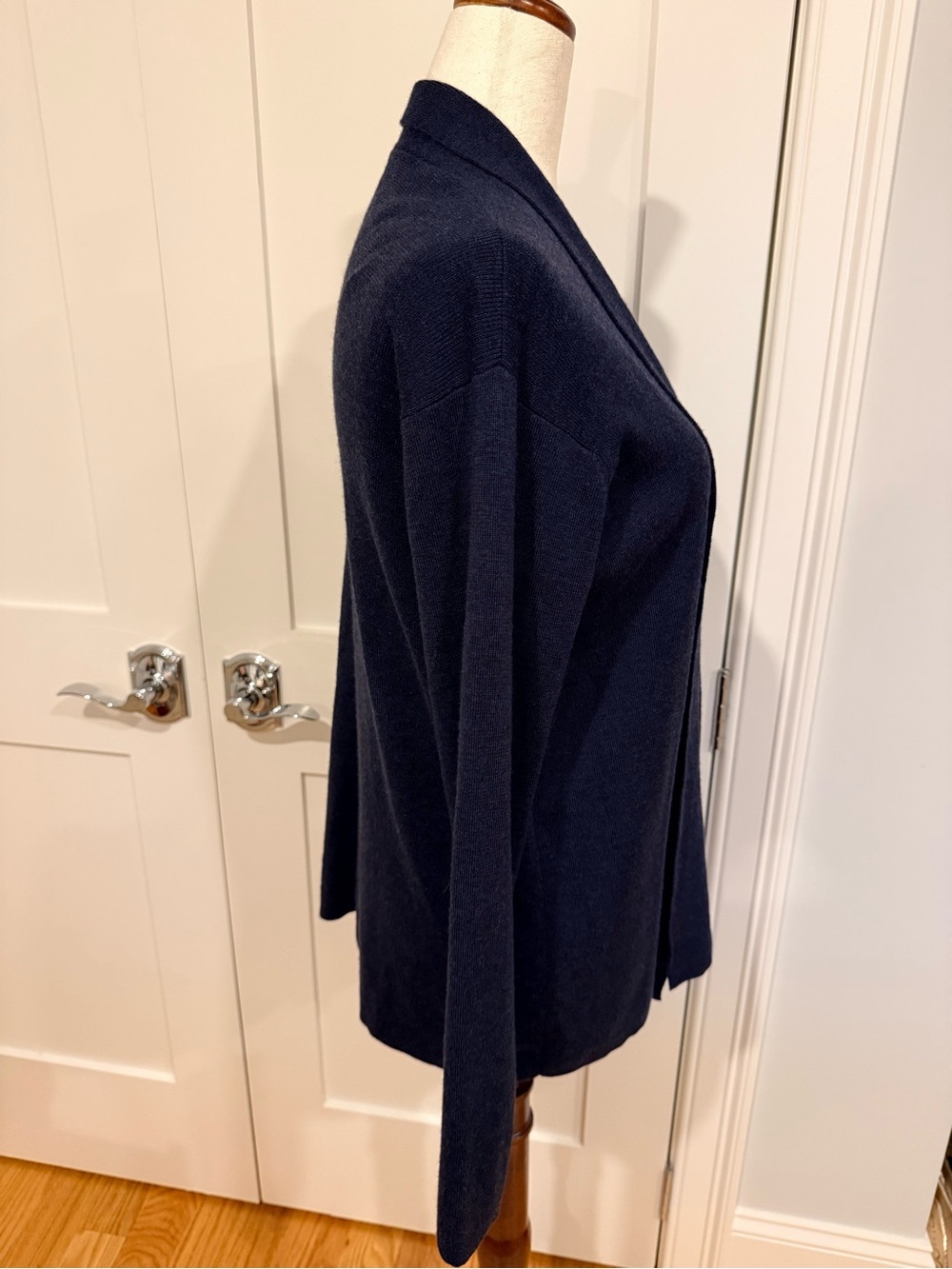 Eileen Fisher Navy Open-Front Long Merino Wool Cardigan - Picture 8 of 15